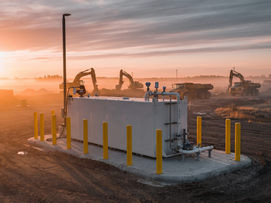 Smart diesel fuel tank with telemetry sensors on a construction site at sunrise, surrounded by excavators and dump trucks