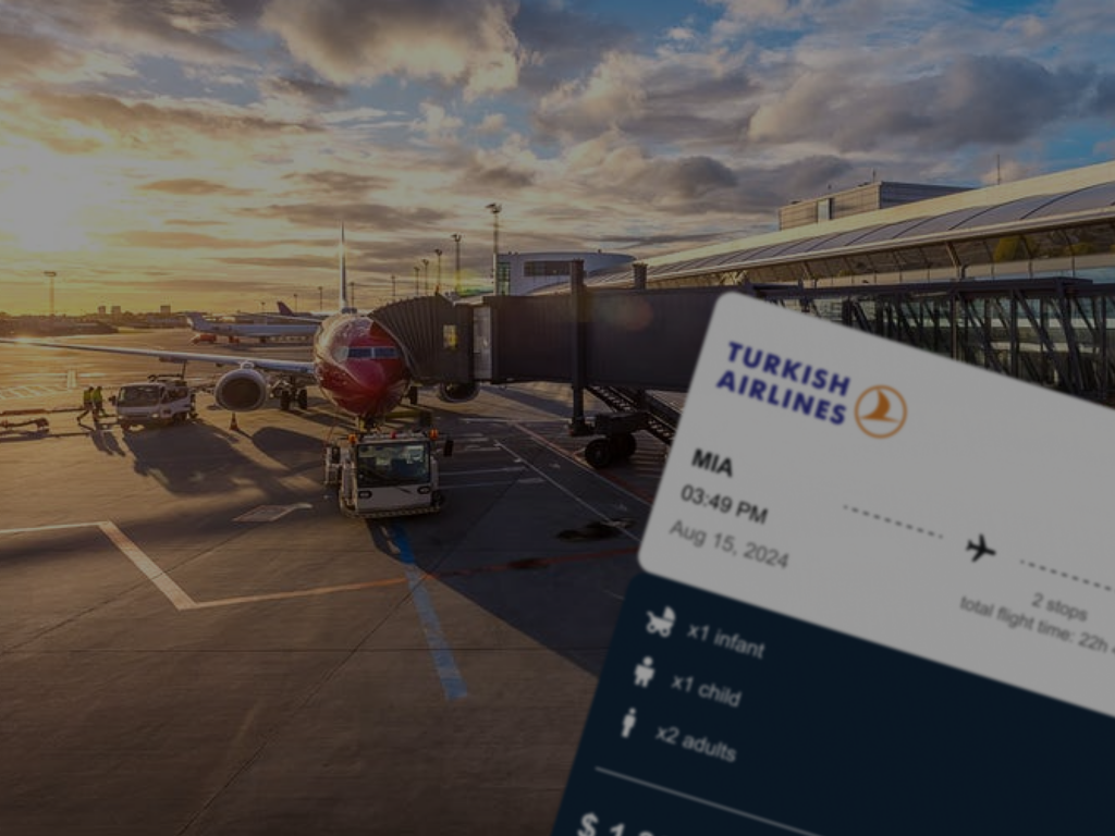 Air ticket booking platform design by AKDev Group, showing flight search options and airport tarmac view.